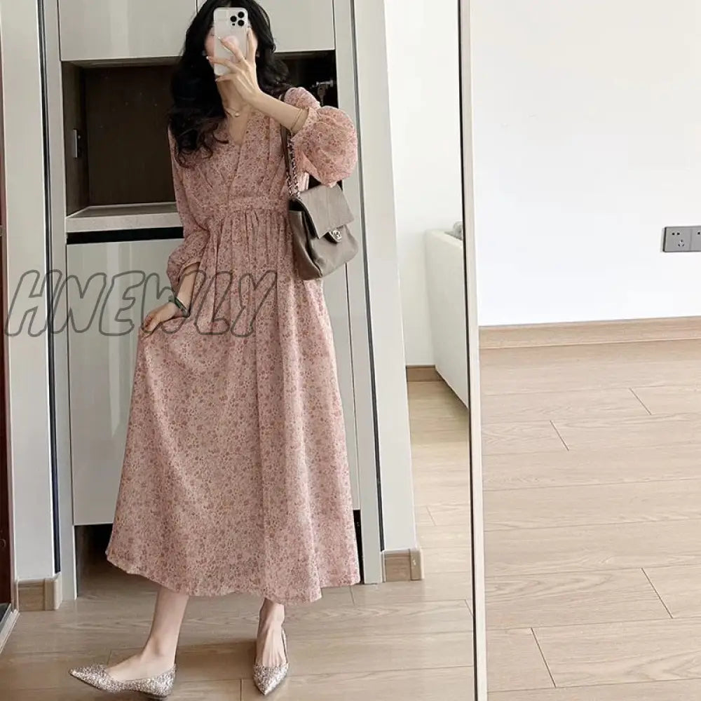 Hnewly Pink Romantic Long Fairy Dresses 2024 Summer French Design Women Holiday Chiffon Flower