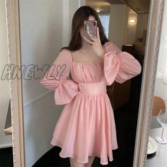 Hnewly Pink Sweet Elegant Princess Dress Women Casual Korean Slim Long Sleeve Fairy Female Backless