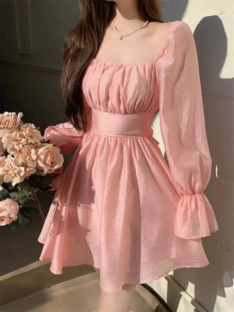 Hnewly Pink Sweet Elegant Princess Dress Women Casual Korean Slim Long Sleeve Fairy Female Backless