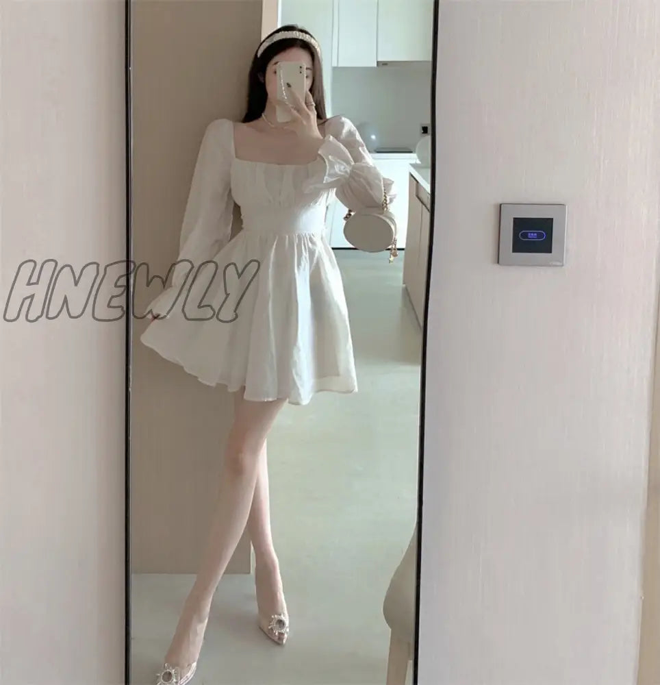 Hnewly Pink Sweet Elegant Princess Dress Women Casual Korean Slim Long Sleeve Fairy Female Backless