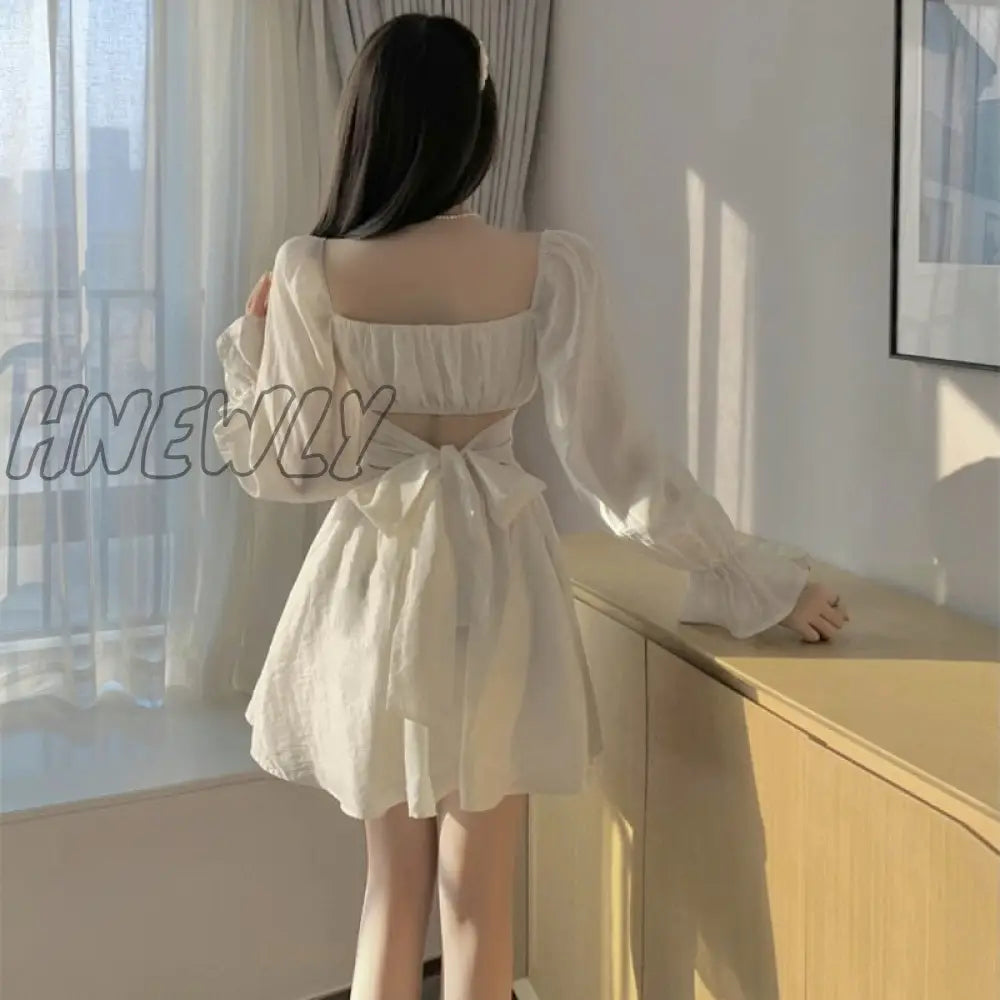 Hnewly Pink Sweet Elegant Princess Dress Women Casual Korean Slim Long Sleeve Fairy Female Backless