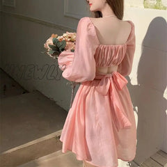 Hnewly Pink Sweet Elegant Princess Dress Women Casual Korean Slim Long Sleeve Fairy Female Backless