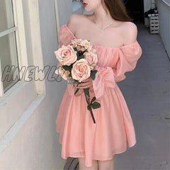 Hnewly Pink Sweet Elegant Princess Dress Women Casual Korean Slim Long Sleeve Fairy Female Backless