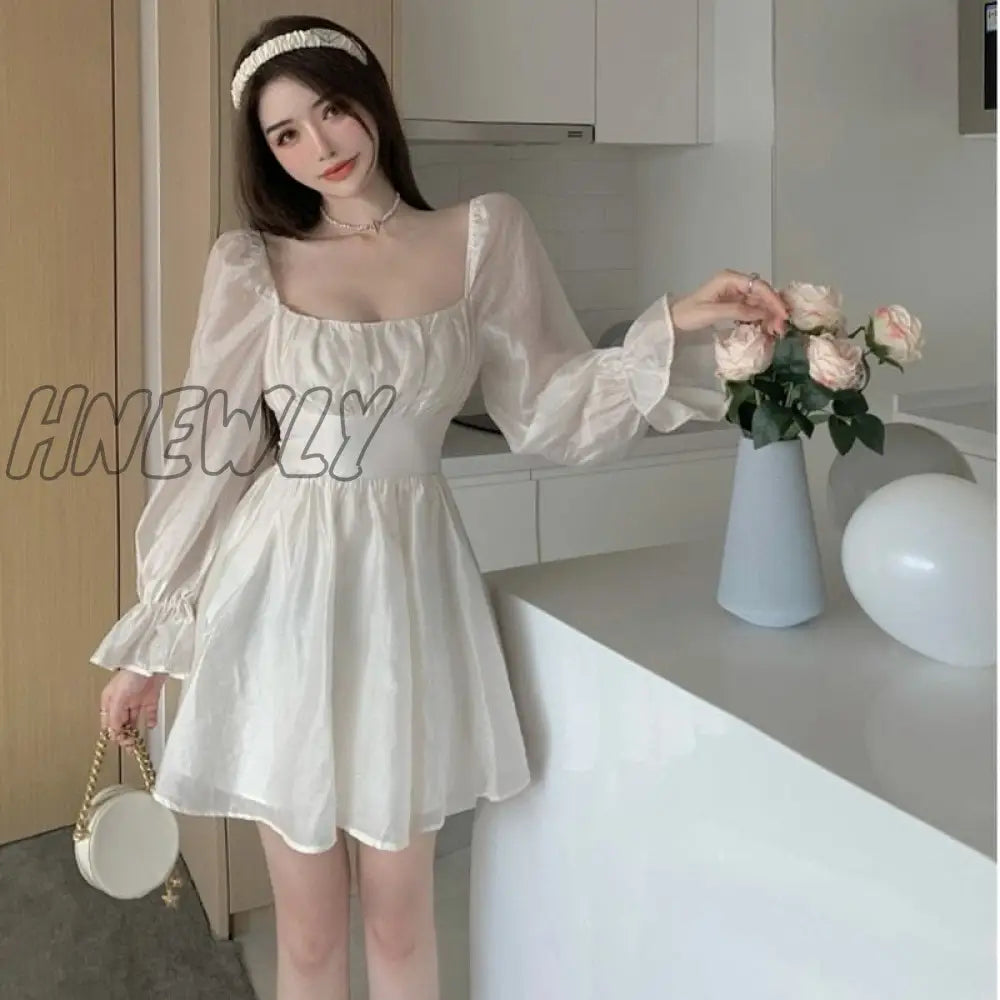 Hnewly Pink Sweet Elegant Princess Dress Women Casual Korean Slim Long Sleeve Fairy Female Backless