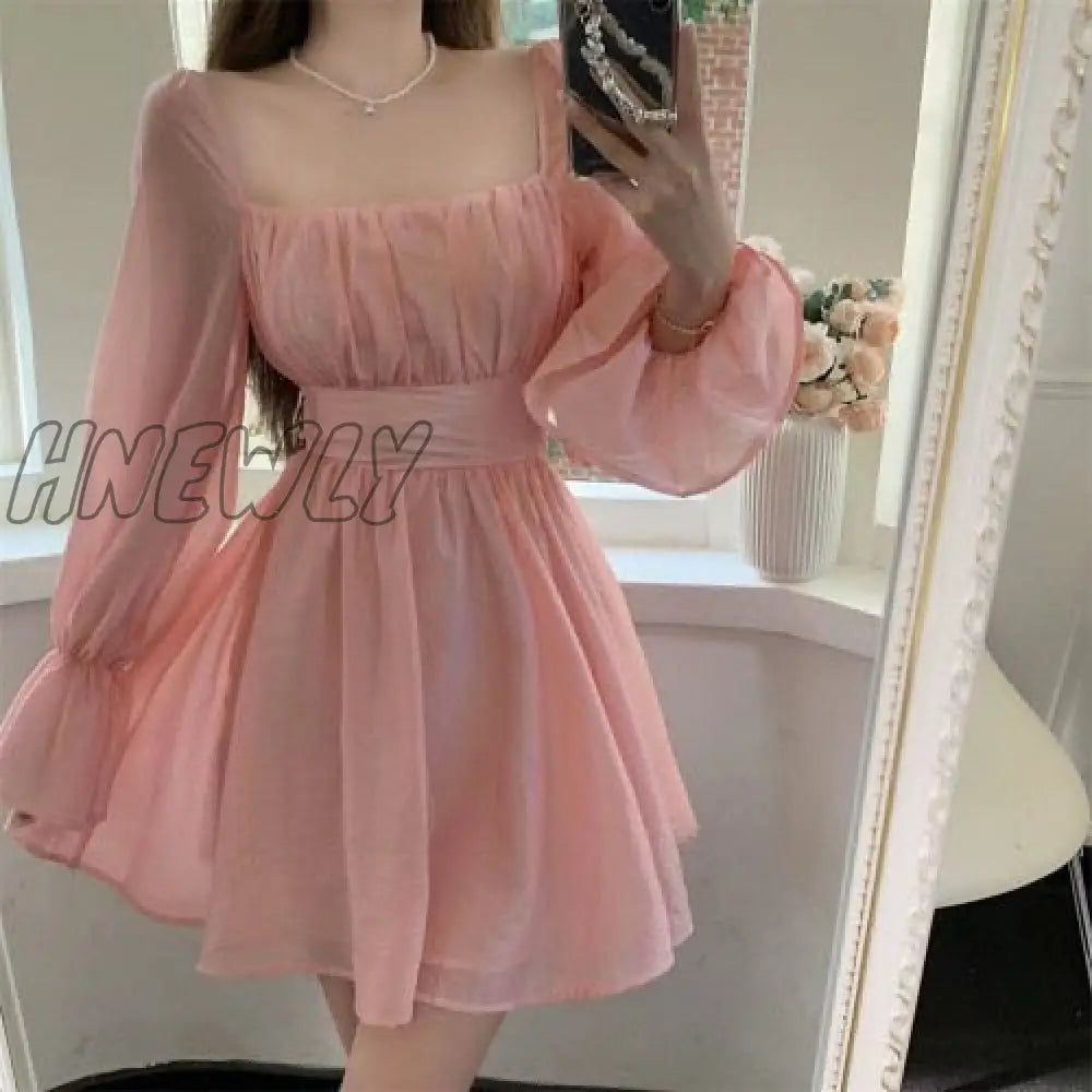 Hnewly Pink Sweet Elegant Princess Dress Women Casual Korean Slim Long Sleeve Fairy Female Backless