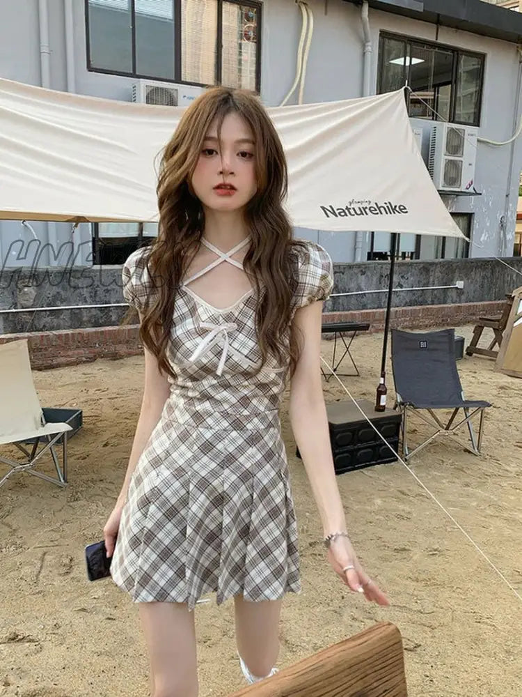 Hnewly Plaid Suit Short Skirt Women Sets Summer New Korean Hanging Neck Plaid Tops + High Waist