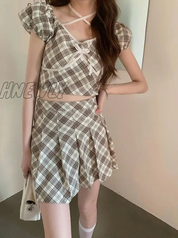 Hnewly Plaid Suit Short Skirt Women Sets Summer New Korean Hanging Neck Plaid Tops + High Waist