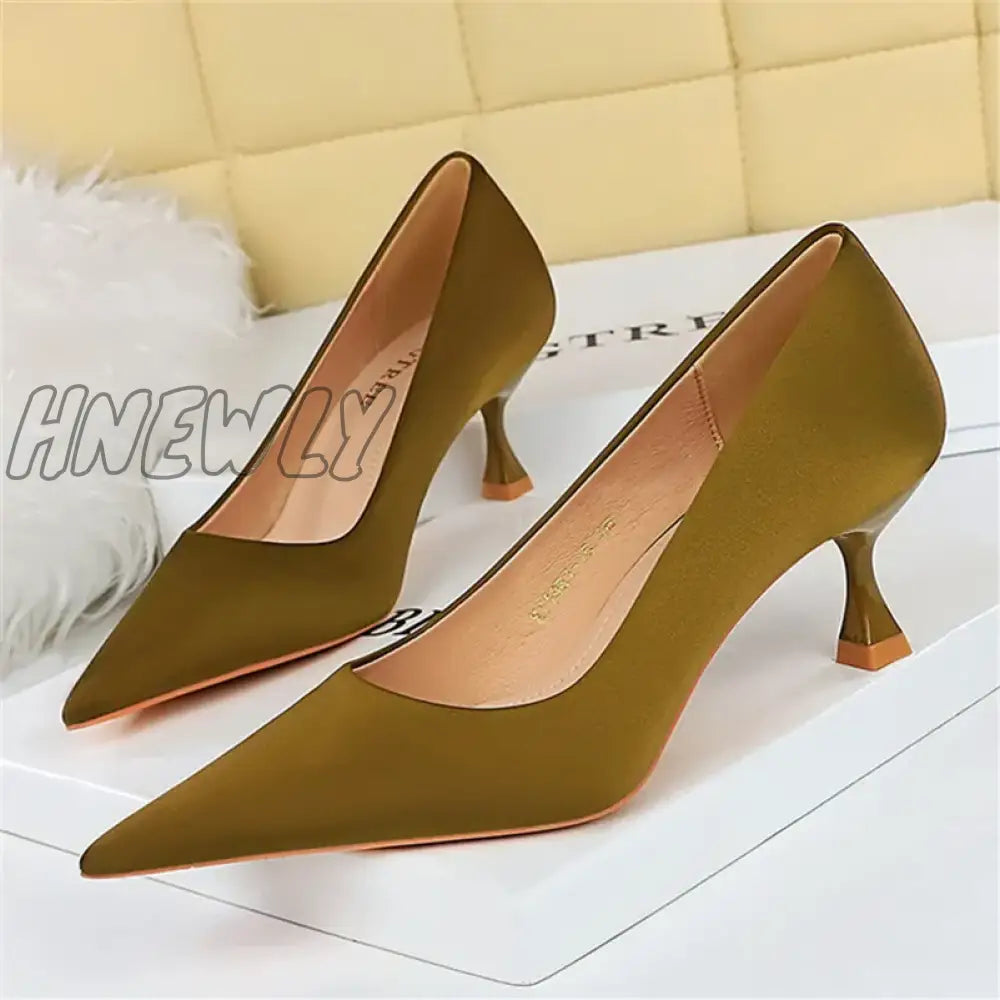 Hnewly Plus Size 34-43 Fashion Women 5.5Cm High Heels Quality Pumps Lady Silk Medium Low Fetish