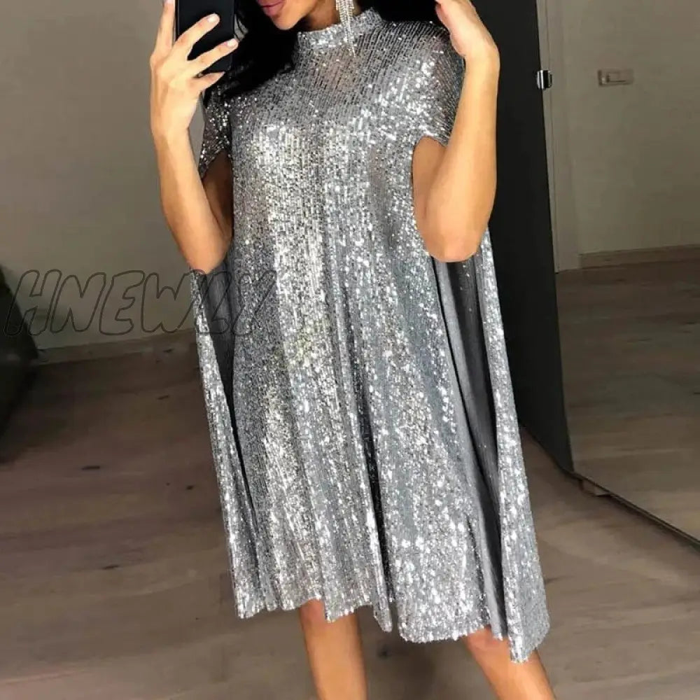 Hnewly Plus Size Xxl Sexy Party Sequin Glitter Dress Mock Neck Cape Design Sequins Cloak Sleeves