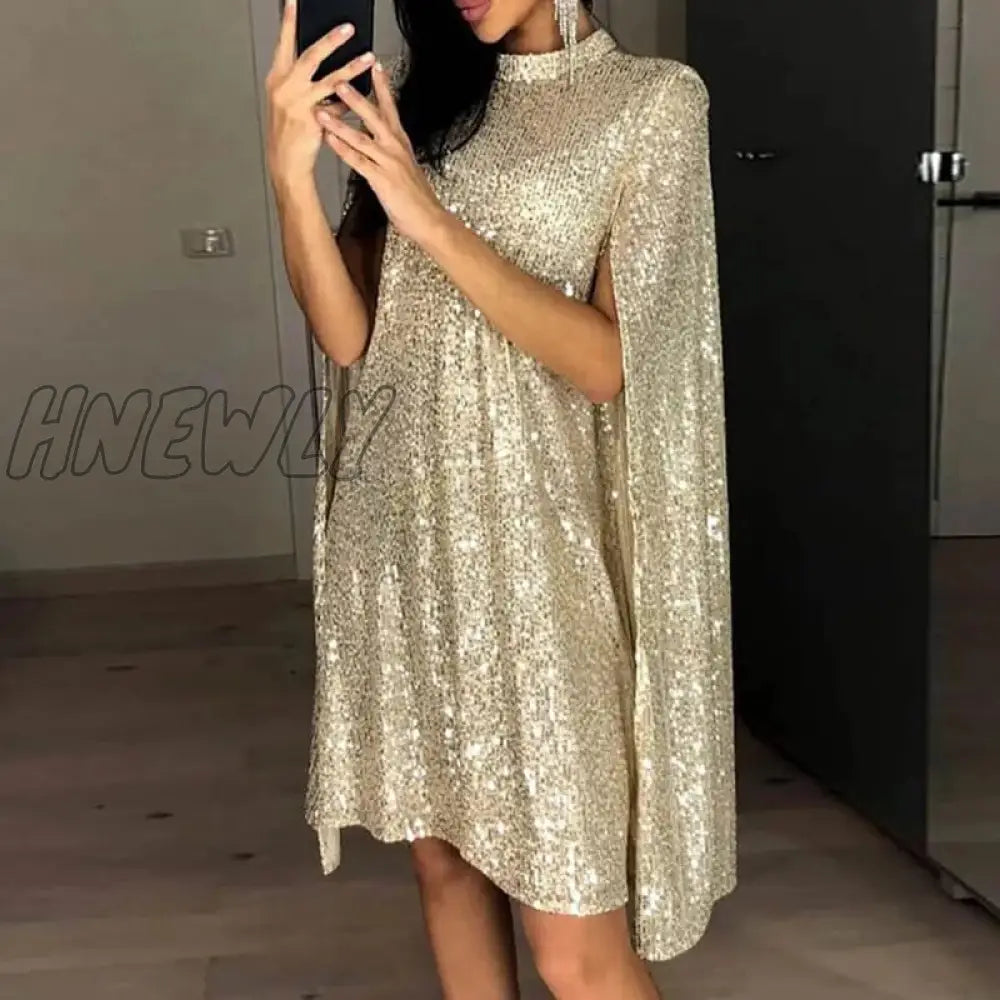 Hnewly Plus Size Xxl Sexy Party Sequin Glitter Dress Mock Neck Cape Design Sequins Cloak Sleeves