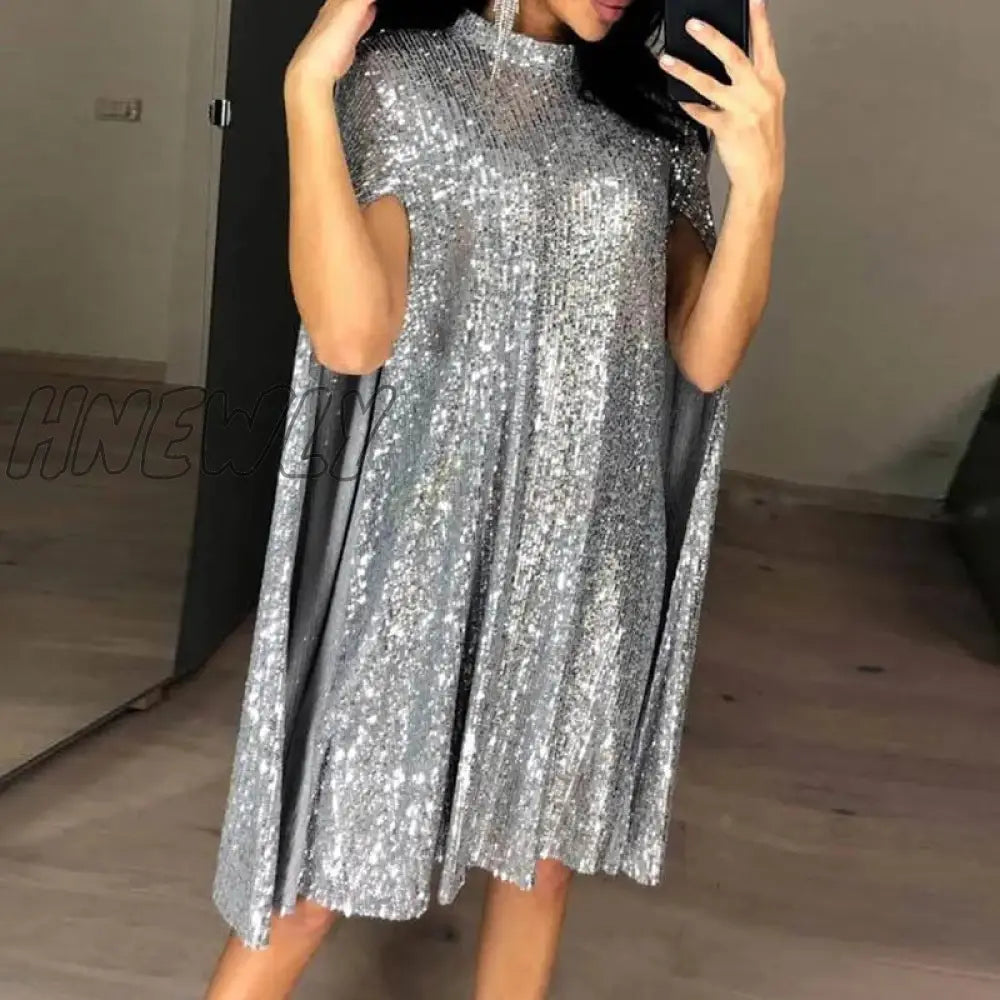 Hnewly Plus Size Xxl Sexy Party Sequin Glitter Dress Mock Neck Cape Design Sequins Cloak Sleeves