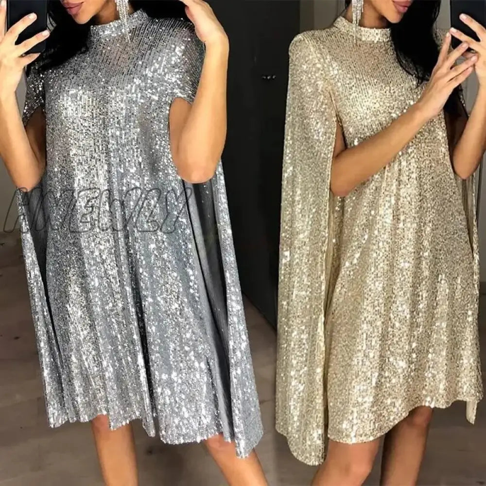 Hnewly Plus Size Xxl Sexy Party Sequin Glitter Dress Mock Neck Cape Design Sequins Cloak Sleeves