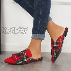 Hnewly Pointed Toe Bowtie Flat Mule Loafers Walking Slippers