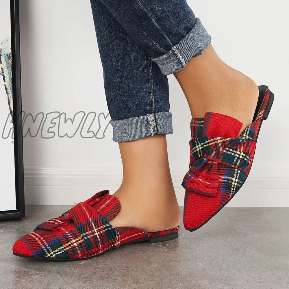 Hnewly Pointed Toe Bowtie Flat Mule Loafers Walking Slippers Red / 5