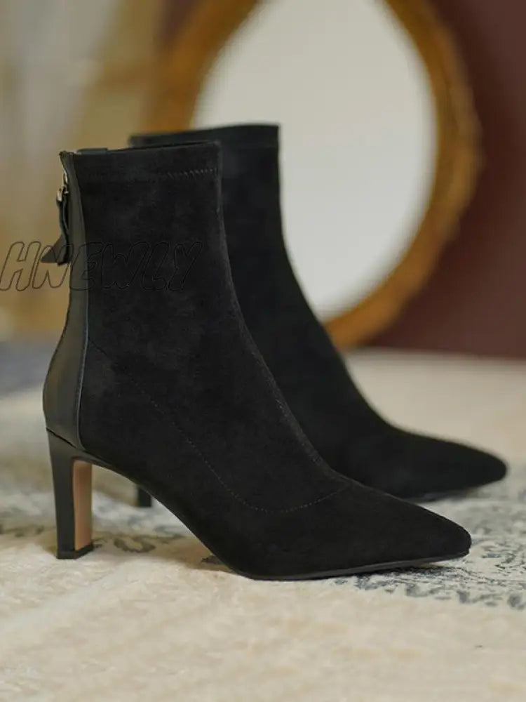 Hnewly - Pointed-Toe Split-Joint Zipper Boots Sock Black / Velvet Us 6 | Eu 36 2/3 Uk 4 Cn