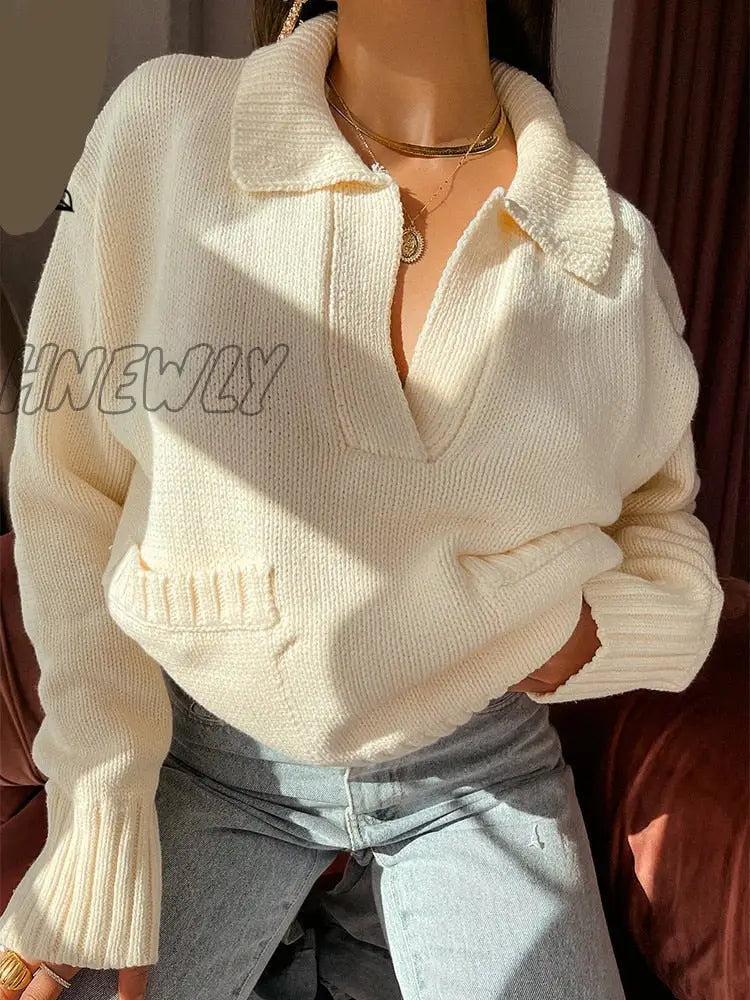 Hnewly Polo Sweater Women Green Long Sleeve Oversized Autumn Winter Knitted Pullover Loose Casual