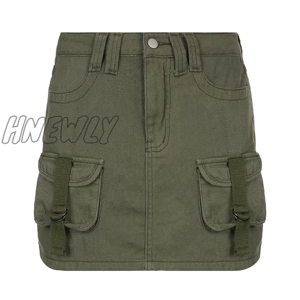 Hnewly Preppy Rapcopter Y2K Grey Green Jeans Skirts Pockets Bandage Low Waisted Denim Mini Retro