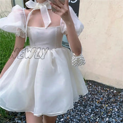 Hnewly Preppy Woman Sweet Pink Dress Summer Retro Elegant Square Collar Puff Sleeve Fluffy Korean