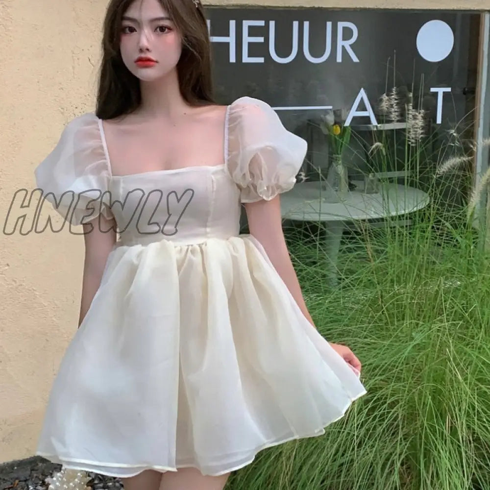 Hnewly Preppy Woman Sweet Pink Dress Summer Retro Elegant Square Collar Puff Sleeve Fluffy Korean