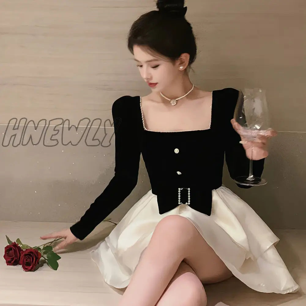 Hnewly Princess Dress Lolita Clothes Skirt Party Black Mini Long-Sleeved Luxury Elegant Design