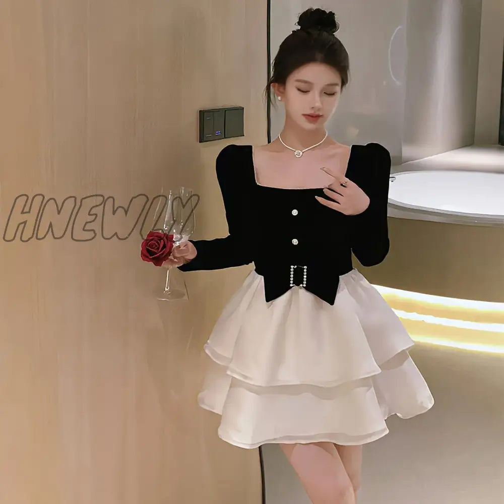 Hnewly Princess Dress Lolita Clothes Skirt Party Black Mini Long-Sleeved Luxury Elegant Design