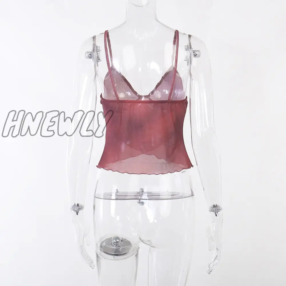 Hnewly Print Mesh V Neck Women Camis Ruffled Sexy Backless Crop Tops Blue Burgundy See Through