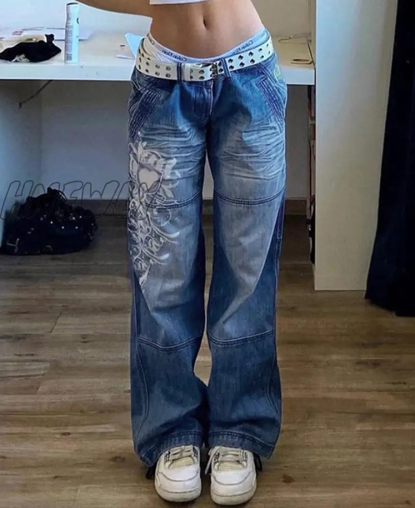 Hnewly Printed Baggy Y2K Jeans Women’s Low Waist Jeans Autumn Winter Oversize Wide Leg Pants