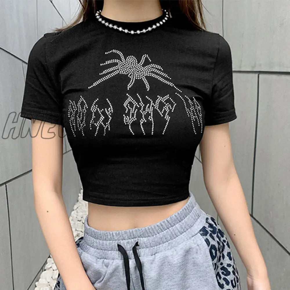 Hnewly Punk Vintage Rhinestone Spider Goth Graphic T Shirt Women Y2K Style Crop Top O-Neck Tshirt