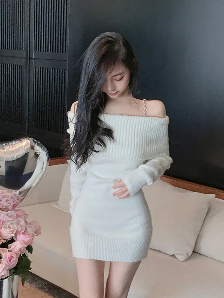 Hnewly Pure Color Elegant Knitted Dress Woman Bodycon Slim Y2K Mini Casual Party Korean Fashion