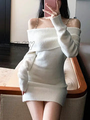 Hnewly Pure Color Elegant Knitted Dress Woman Bodycon Slim Y2K Mini Casual Party Korean Fashion