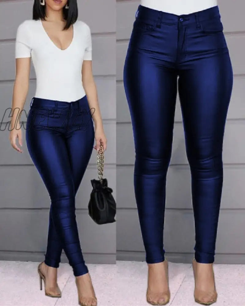 Hnewly Pure Color Leather Casual Pants Small Feet Spring Women Pu Black Sexy Stretch Bodycon High