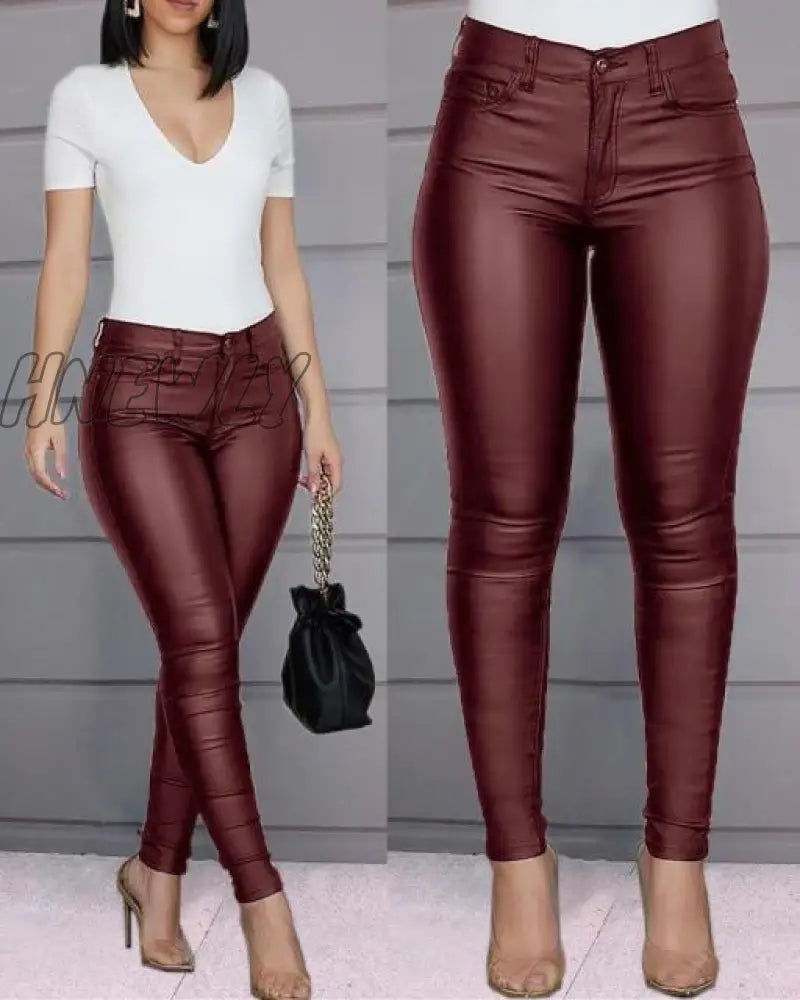 Hnewly Pure Color Leather Casual Pants Small Feet Spring Women Pu Black Sexy Stretch Bodycon High