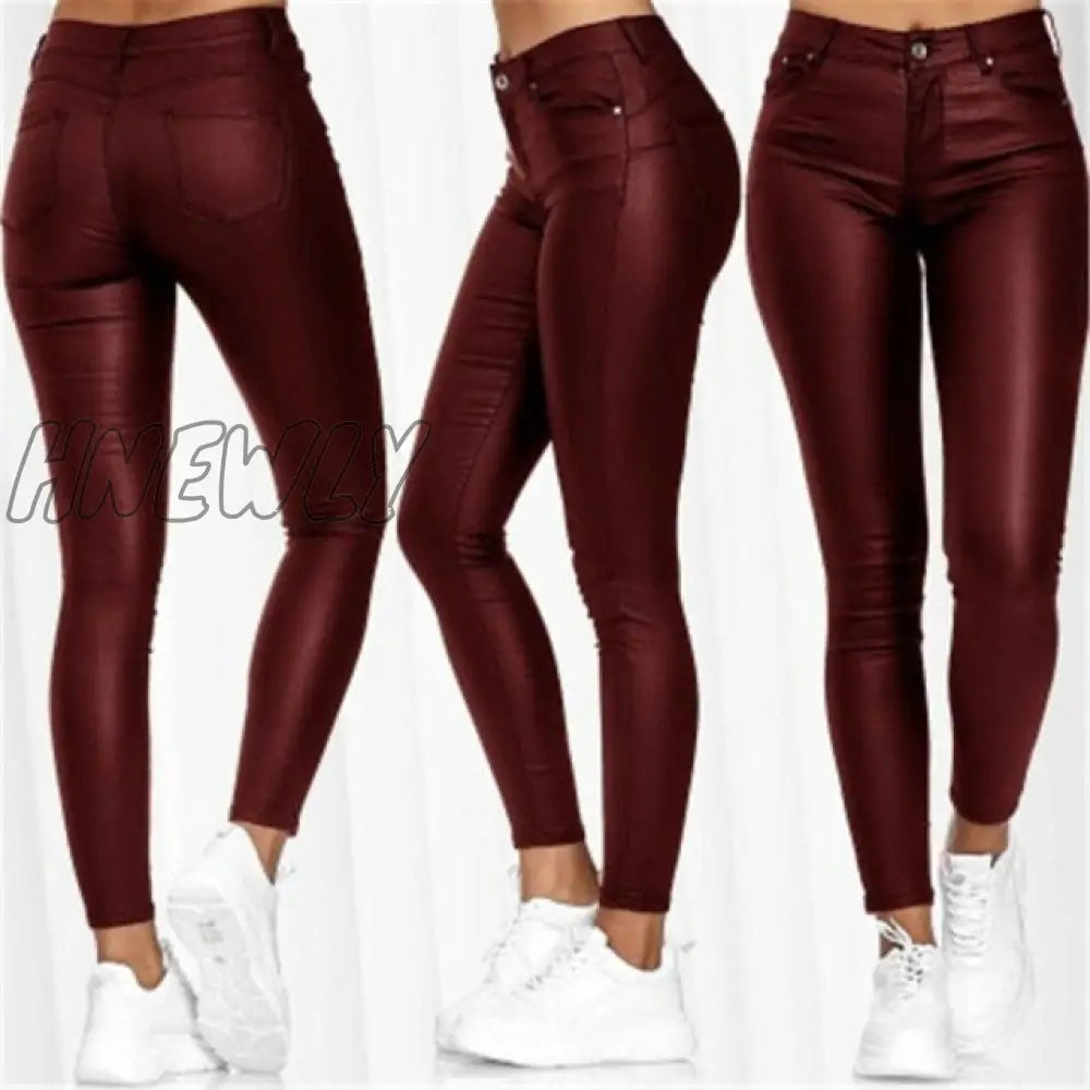 Hnewly Pure Color Leather Casual Pants Small Feet Spring Women Pu Black Sexy Stretch Bodycon High