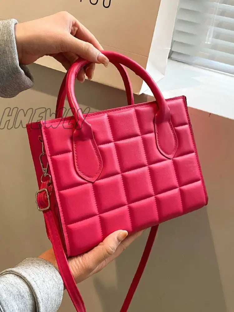 Hnewly - Quilted Pattern Double Handle Square Bag Women Satchels Hot Pink Women-Satchels