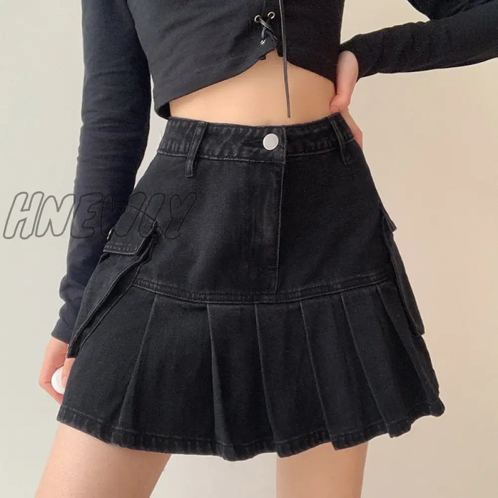 Hnewly Rapcopter Women Jeans Skirts High Waist Pleated Zipper Mini Summer New 90S Streetwear Bottom