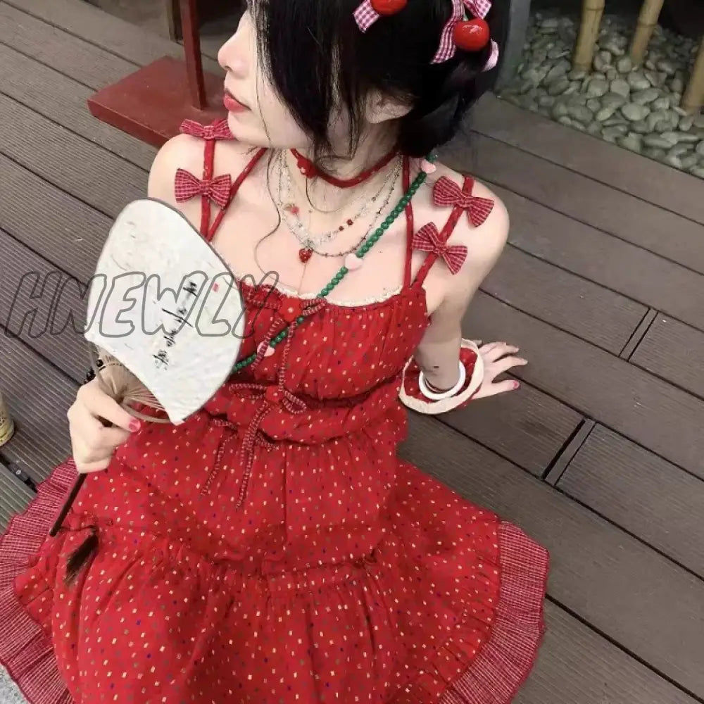 Hnewly Red Dot Spaghetti Strap Dresses Women Vintage Mini French Style Sweet Lace Fashion