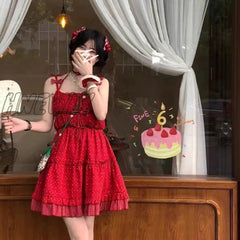 Hnewly Red Dot Spaghetti Strap Dresses Women Vintage Mini French Style Sweet Lace Fashion