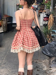 Hnewly Red Plaid France Vintage Dress Women Bow Lace Kawaii Elegant Party Mini Korean Sweet Beach