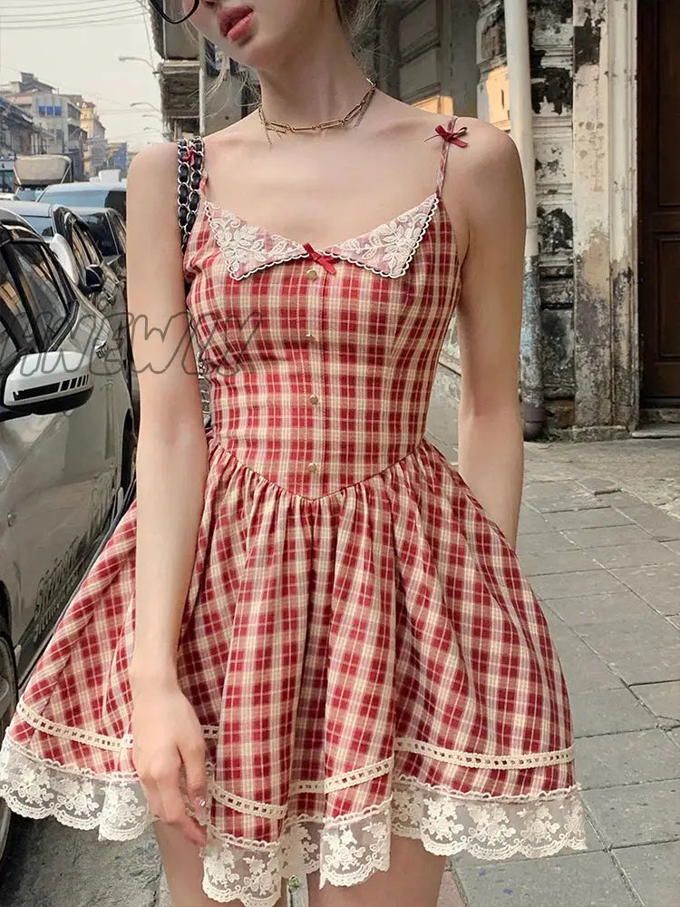 Red Plaid France Vintage Dress Women Bow Lace Kawaii Elegant Party Mini Dress Korean Sweet Beach Strap Dress Female Summer