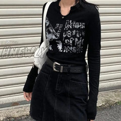 Hnewly Retro Graffiti Print Elastic T Shirt Women Sexy Slim Crop Top Ribbed Long Sleeve V - Neck