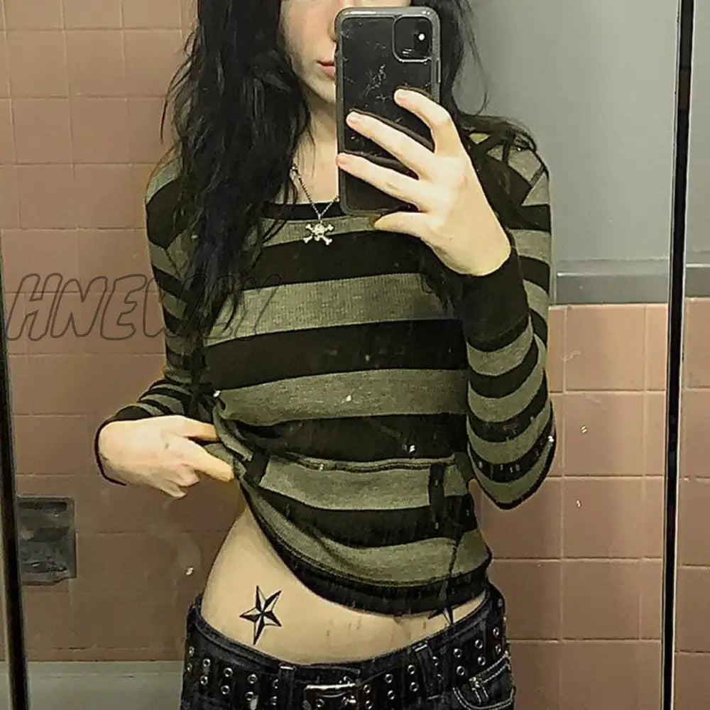 Hnewly Retro Mall Goth Grunge Sweatshirts Women Y2K Striped Print Casual Hoodies Aesthetic 2000S