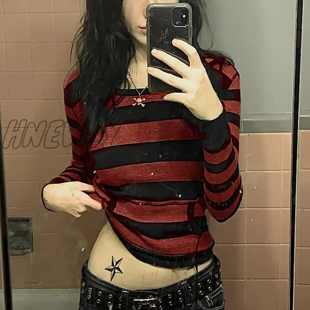 Hnewly Retro Mall Goth Grunge Sweatshirts Women Y2K Striped Print Casual Hoodies Aesthetic 2000S