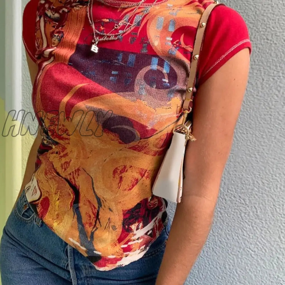 Hnewly Retro Print Patchwork T - Shirts Vintage Aesthetic Girl Techwear O Neck Short Sleeve Summer