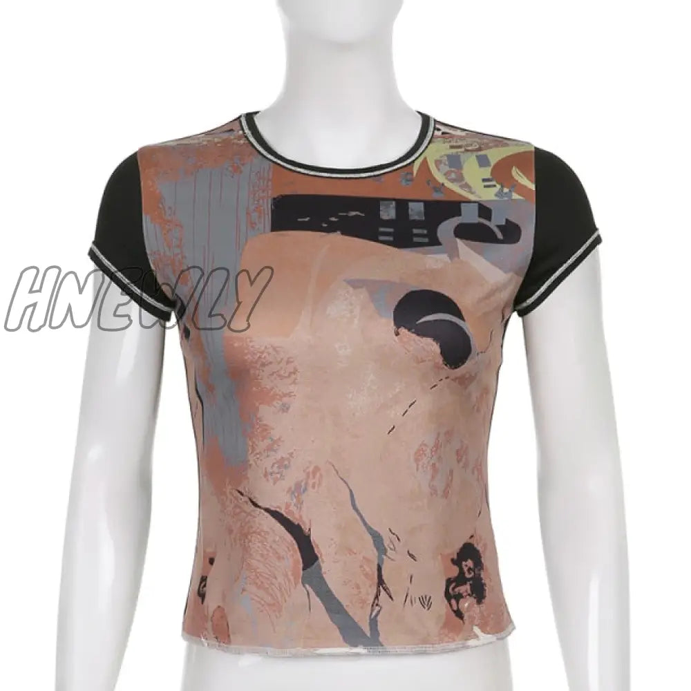 Hnewly Retro Print Patchwork T - Shirts Vintage Aesthetic Girl Techwear O Neck Short Sleeve Summer