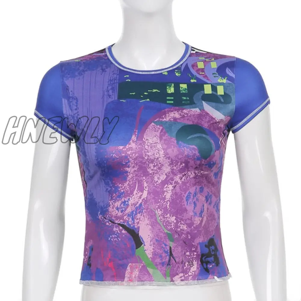 Hnewly Retro Print Patchwork T - Shirts Vintage Aesthetic Girl Techwear O Neck Short Sleeve Summer