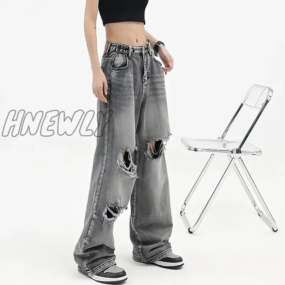 Hnewly Retro Y2K Baggy Pants Brown Ripped Jeans Women Streetwear High Waist Gradient Color Fashion