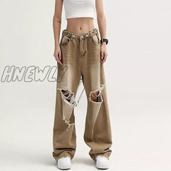 Hnewly Retro Y2K Baggy Pants Brown Ripped Jeans Women Streetwear High Waist Gradient Color Fashion