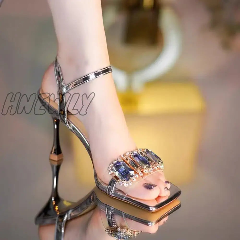 Hnewly Rhinestone Block Chunky High Dress Heels T-Strap Sandals