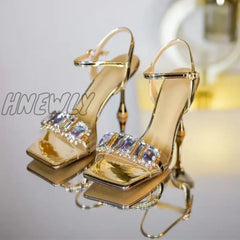 Hnewly Rhinestone Block Chunky High Dress Heels T-Strap Sandals Gold / 5