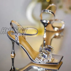 Hnewly Rhinestone Block Chunky High Dress Heels T-Strap Sandals Silver / 5